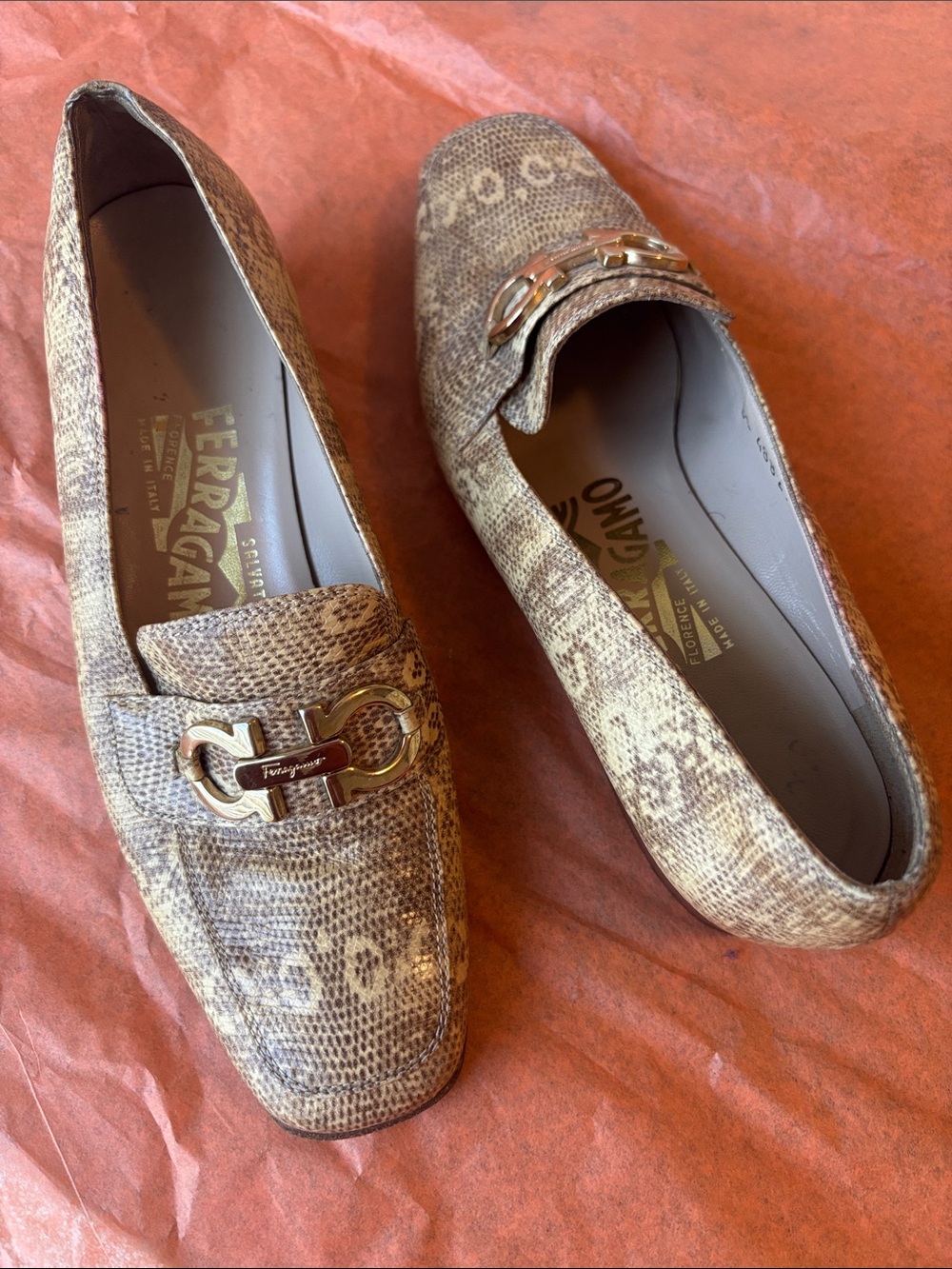 Salvatore Ferragamo Beige Lizard-Print Leather Loafers with Gold Hardware 5 C